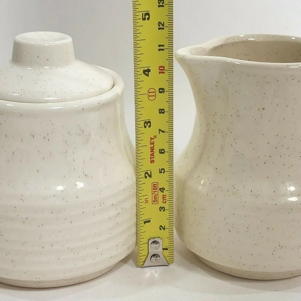 Set of 5 Vtg Speckled Stoneware Creamer, Sugar Bowl & Teacups‎ Raised Rings USA